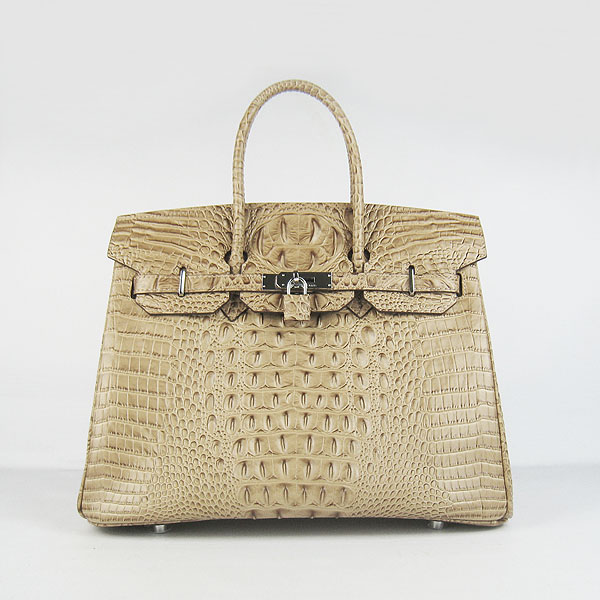 High Quality Fake Hermes Birkin 35CM Crocodile Head Veins Leather Bag Apricot 6089